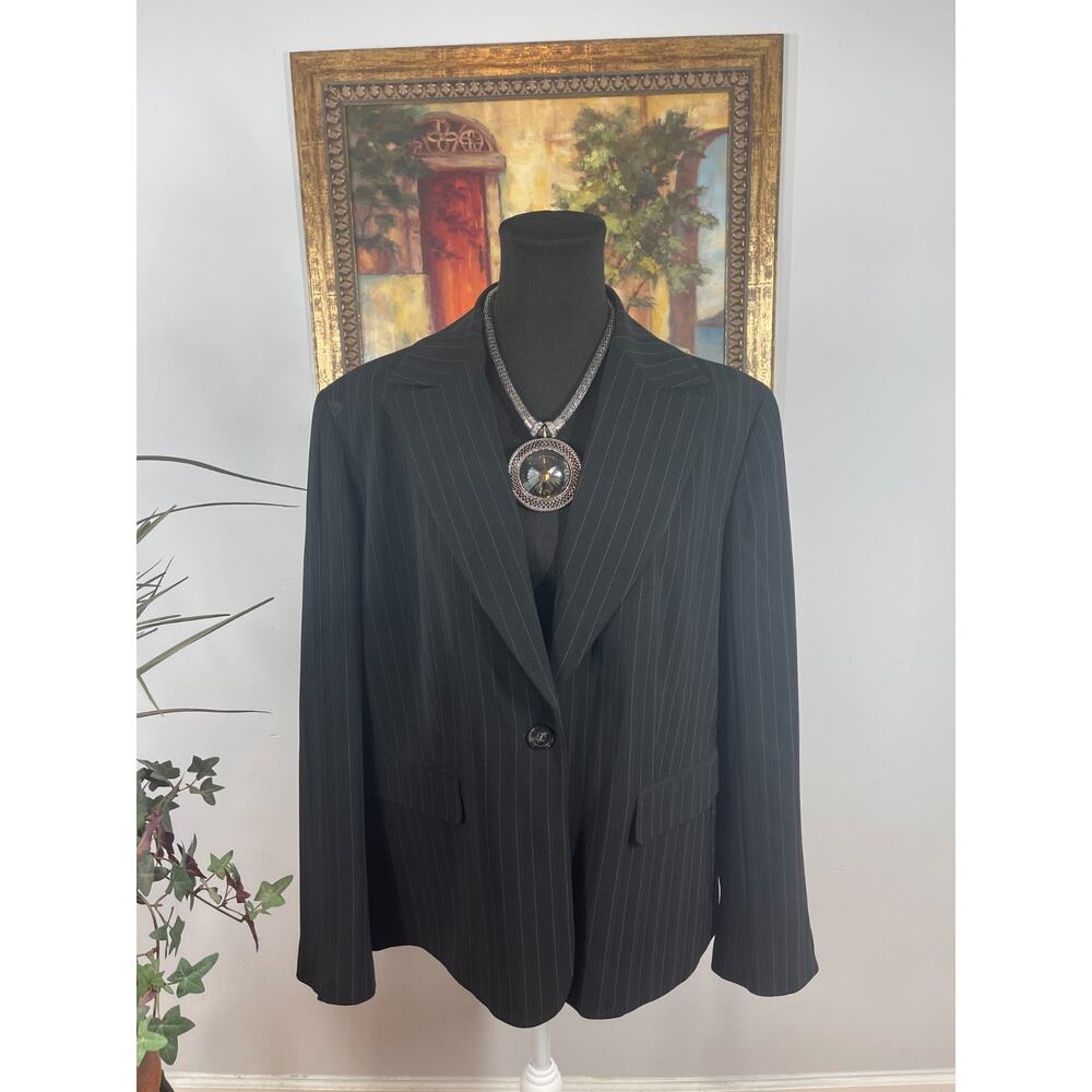 AK Anne Klein Blazer Jacket Women 14W Black Striped Power Dressing Dark Academia